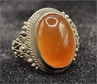 Antique Filigree & Orange Stone Ring Sz 2