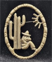 Sterling .925 Sleeping Man & Cactus Brooch