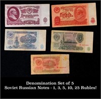 Denomination Set of 5 Soviet Russian Notes - 1, 3,