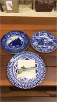 3 blue and white plates including a Royal Doulton