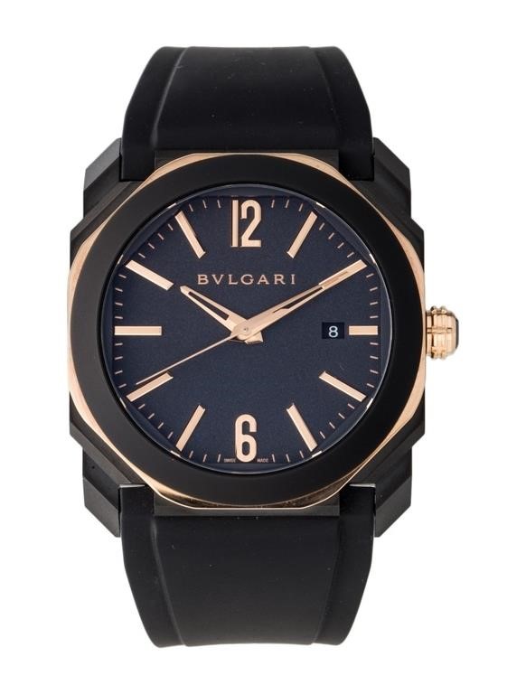 18k Rose Gold Bvlgari Octo Blk Dial Ss Watch 41mm