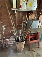 2 Baskets & Assorted Long Handled Tools