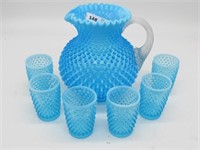 BLUE FENTON HOBNAIL 7PC  CLEAN  8H PITCHER