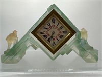 Art deco frosted green glass clock climber miner