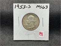 1953S WASHINGTON QUARTER MS63