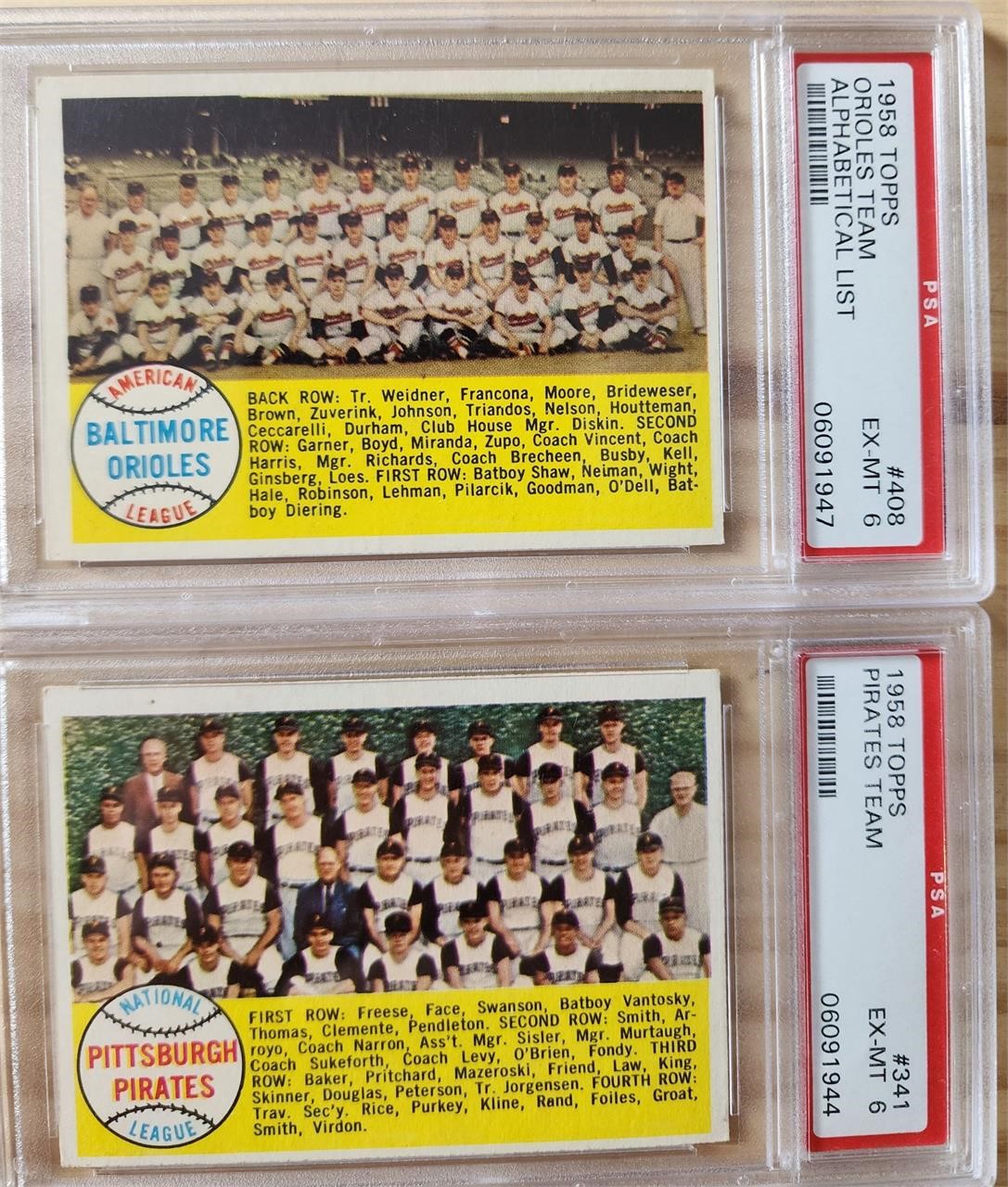 Two 1958 Team Cards Pirates Orioles Both PSA 6