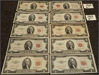 (10) $2.00 Red Notes / Bills - U.S. Currency