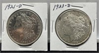 (2) 1921-D Morgan Silver Dollar AU