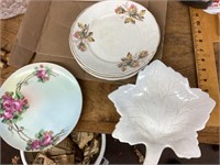 Porcelain plates & milk glass leaf dish