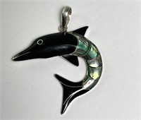 Sterling Onyx/Abolone Dolphin Pendant 3 Grams