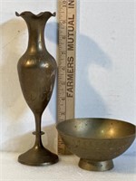 Solid brass, etched vase, and matching bowl