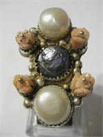 Southwest SS Carved Coral & Genuine Pearl Ring