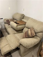 Clothe Couch With Dual Recliners And Fold Down