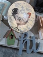 ROOSTER PLATE ON STAND & WOOD SIGNS