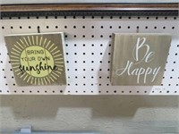 PAIR OF WOOD SUNSHINE & BE HAPPY SIGNS