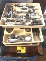 Lot of 3 trays of silverware and 2 serving trays