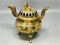 brass Asian style incense pot - 7"