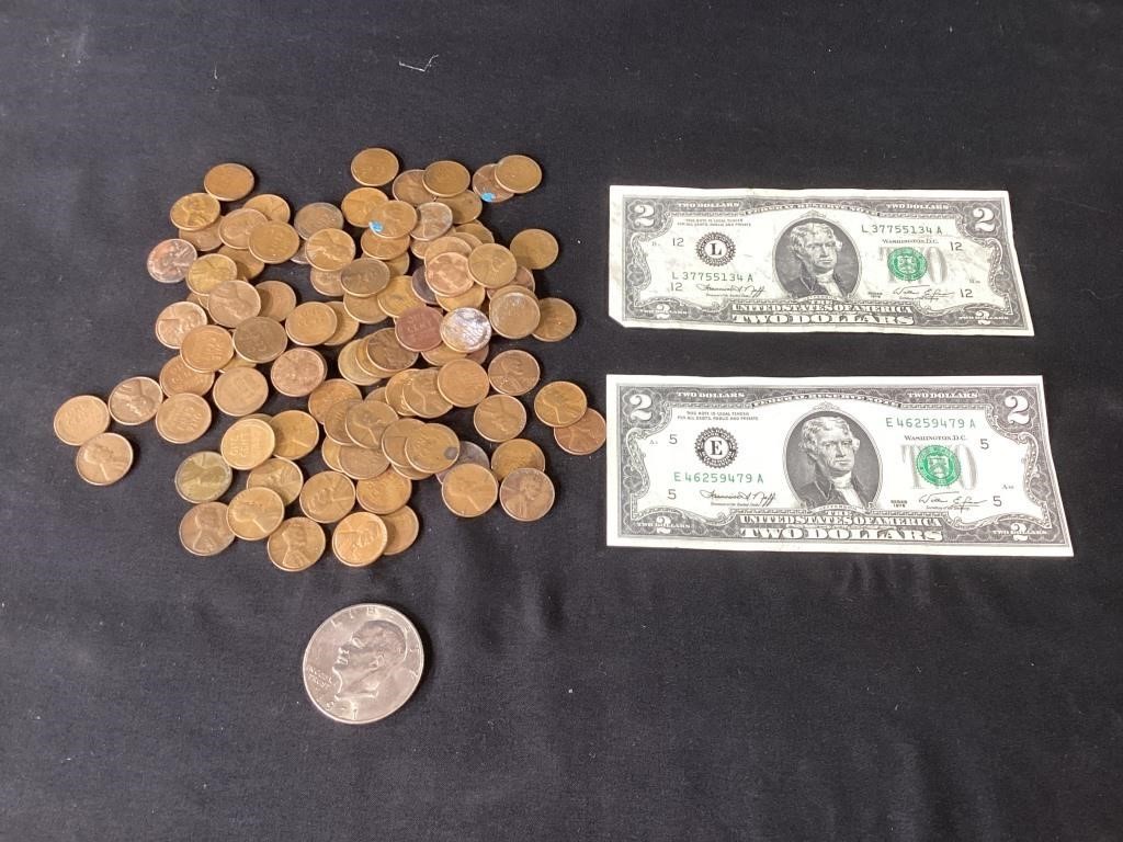 Wheat Cents,Two Dollar Bills & Eisenhower Dollar