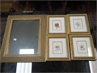 Five framed pieces in gold frames including four