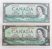 2 billets de UN DOLLAR canadien 1954 et 1967
