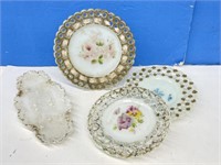 3 Antique Milk Glass Plates - reticulated edges &