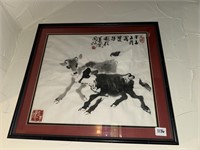 Vintage Chinese Watercolor Cows 21” x 19” framed