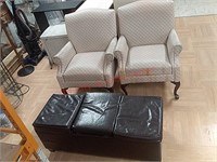 2 decorative chairs & footstool, one chair