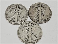 3 Silver Walking Liberty Half Dollar Coins 1936