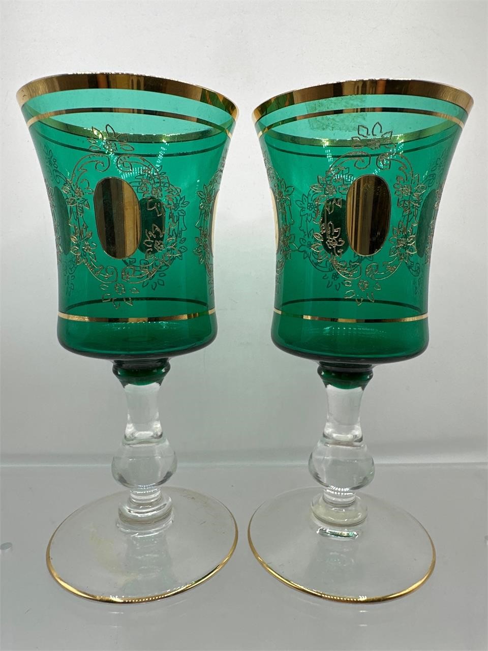 Teal and gold etched wine glasses