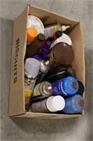 BOX OF PRODUCT CANS AND PROPANE TANKS