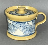 Covered yelloware mustard pot with blue seaweed