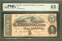 CSA Paper Money 1864 $5 Five Dollar Note T-69 CU63