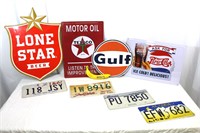 8 Retro Tin Signage & Vintage License Plates