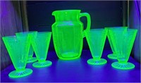 WATER SET URANIUM GLASS PITCHER & 6 GLASSES