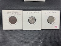 1905 INDIAN HEAD PENNY & TWO SILVER 3 CENT PIECES