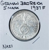 German 3rd Reich Silver 5 Mark 1937F with