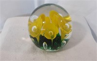 St Clair Hand-Blown Yellow Blooms Paperweight