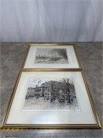 Framed and signed cityscape and riverscape