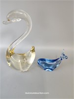 Art Glass Swan 7"H & Blue Art Glass Dolphin 4"W.