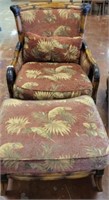 RATTAN UPHOLSTERED ARM CHAIR AND OTTOMAN