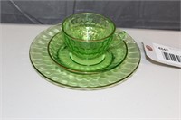 3 PC VASELINE GLASS - PLATE, CUP AND SAUCER