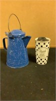 Vintage Enamelware Coffee Pot Blue Speckled Metal