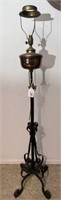 ANTIQUE OIL LAMP ON METAL STAND- LAMP