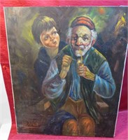 Vintage Oil Painting Old Man & Boy Signed Unknown