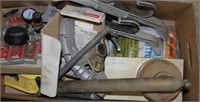 box of misc shop tools/ vintage sprayer/gun rack