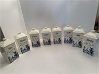 8 blue and white marked Germany Canisters