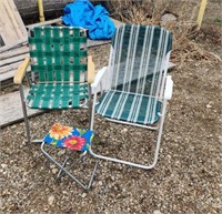 Folding lawn chairs and stool.
