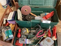Plastic toolbox, drawknife, chalk line, tape