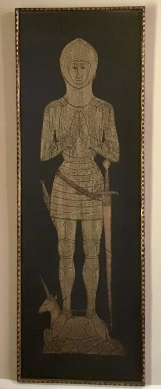 FRAMED DRAWING MAN IN ARMOR STANDING ON UNICORN