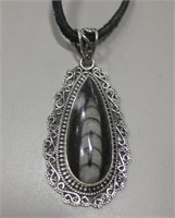 Orthoceras Fossil Pendant w/ Leather Cord Necklace